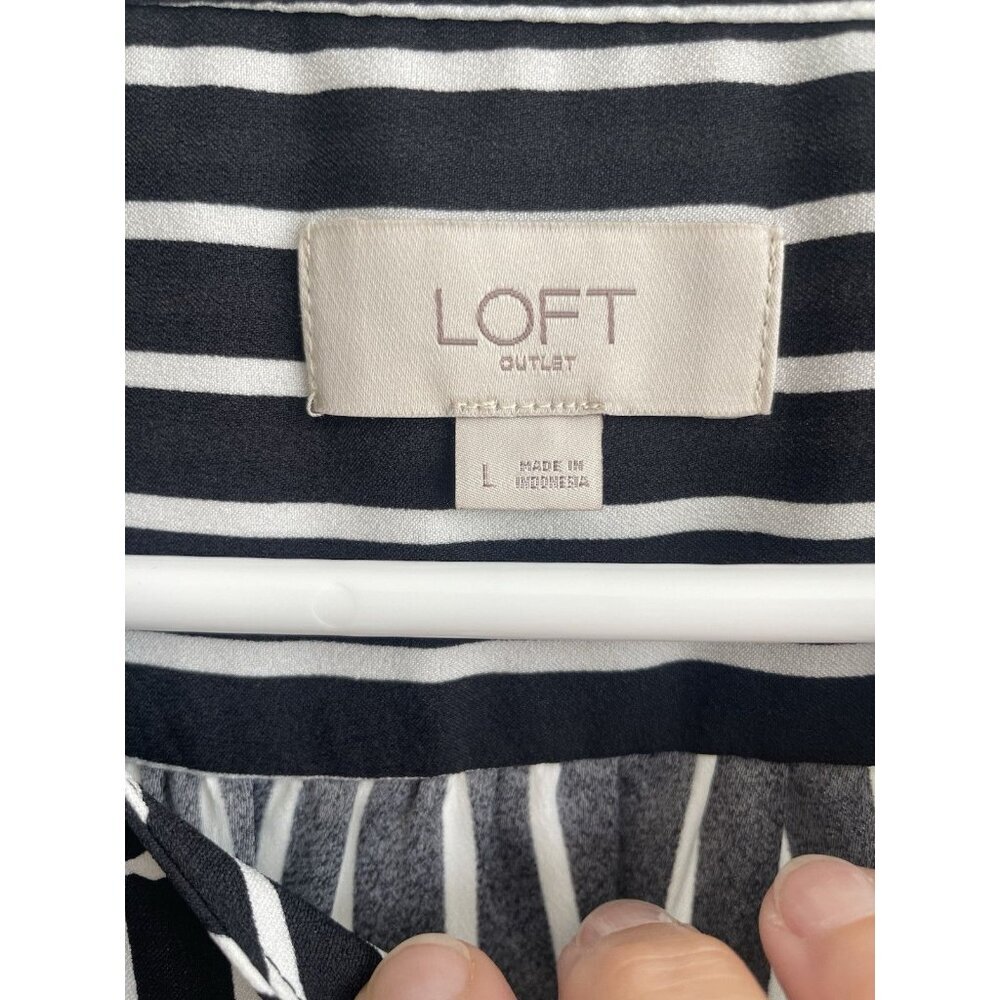 Ann Taylor Outlet Dress Black White Striped Long Sleeve Tie Waist Dress Sz L - Picture 3 of 11